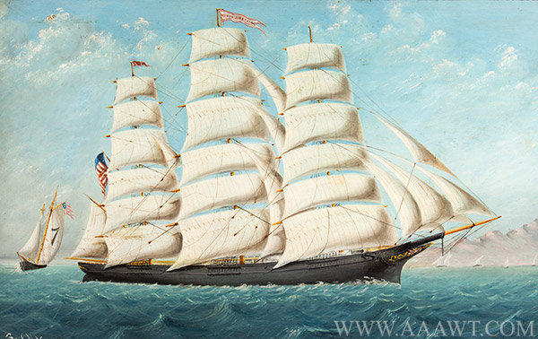Marine Painting, Clipper Ship, Young America, Oil on Sheet iron
Young America, Built by William Webb, 1853, East River, NYC
Signed C.M. Vaccarra [sic] unknown, Circa 1890ish, entire view
